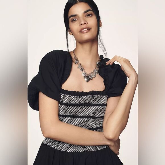 Anthropologie Puff-Sleeve Square-Neck Smocked Mini Dress Size Large - Picture 4 of 5